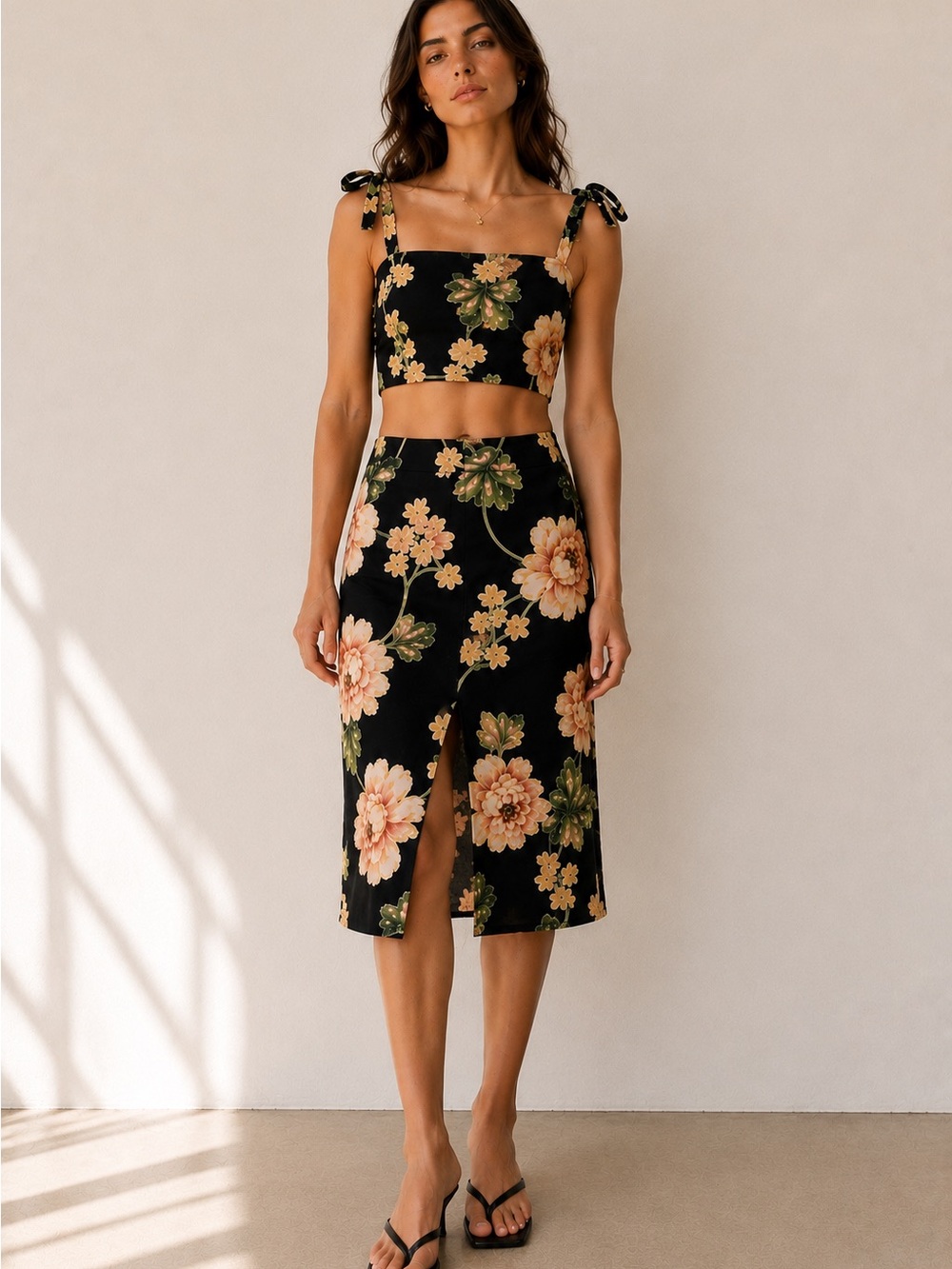 Reformation Floral Tie Strap Top & Midi Skirt Set Size 0